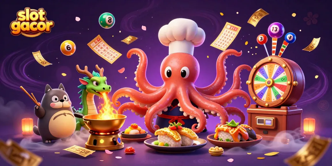 Experience a vibrant slot gacor scene with an octopus chef and a mystical dragon amid dynamic elements.