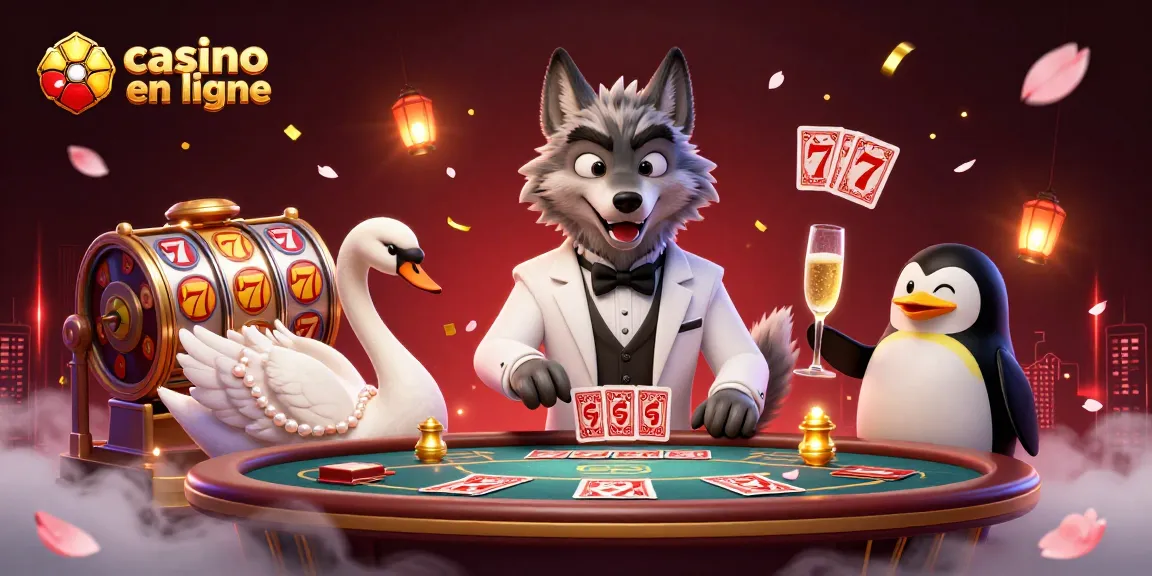 Jouez au casino en ligne avec un loup élégant et une oie croupière, entourés d'éléments festifs.