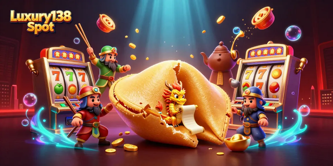 Play the Luxury138 Slot with vibrant themes and features, showcasing a golden fortune cookie scene