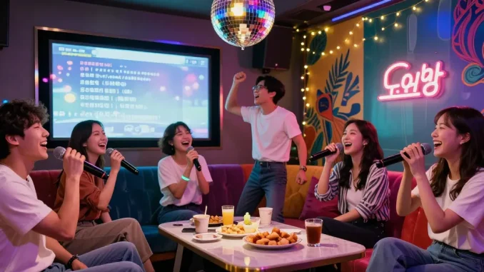 Friends singing together at 강남노래방, vibrant lighting and festive atmosphere.