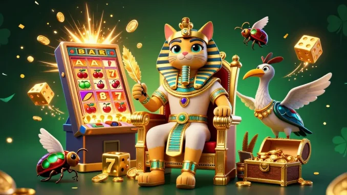 Engage with slot88 as the pharaoh cat oversees a vibrant jackpot explosion amidst colorful symbols.