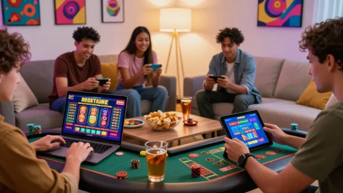 Exciting online casinos Australia scene with players enjoying pokies and live dealer games in a vibrant home setting, showcasing modern gambling experiences.