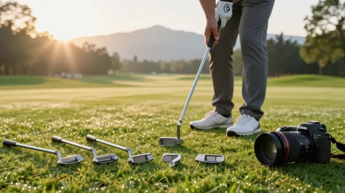 Ulasan putter terbaru di https://puttperfection.com/putter-reviews dengan golfer yang fokus di lapangan golf yang indah.