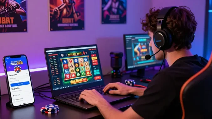 Player engaged in online gaming with link alternatif raja328 visible on smartphone, showcasing vibrant casino atmosphere.
