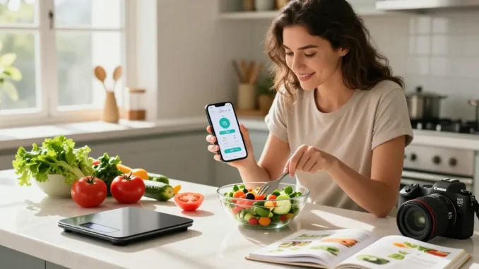 Young woman using the best calorie tracking apps to log her healthy meal prep in a modern kitchen.