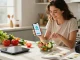 Young woman using the best calorie tracking apps to log her healthy meal prep in a modern kitchen.