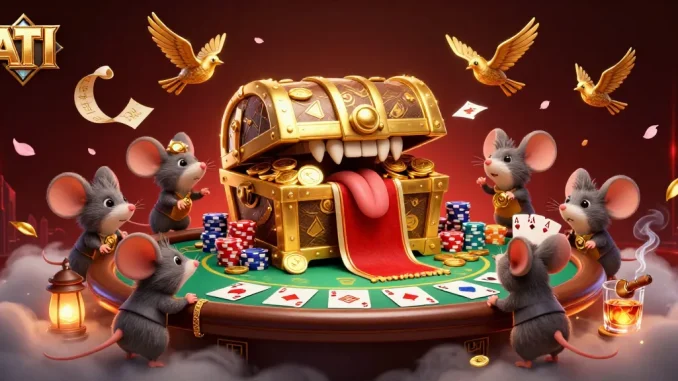 Engage in ATI casino action with a vibrant treasure chest, poker elements, and rich 3D detail.