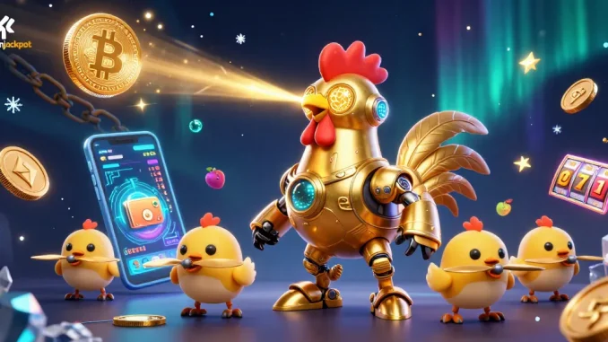 Experience the excitement of kaptenjackpot with a vibrant 3D casino illustration featuring a golden rooster robot.