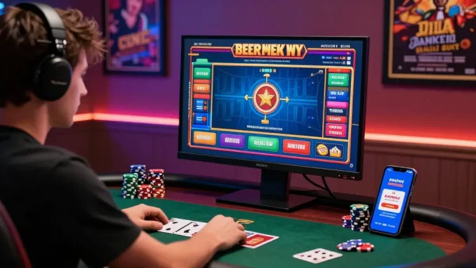 Experience the excitement of link alternatif raja328 in an immersive online gambling setup with vibrant visuals and poker elements.
