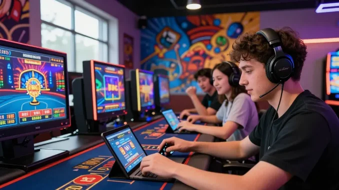 Exciting live casino scene highlighting link alternatif hero138 with a player engaged in multiple gaming devices.