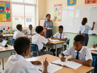 The 2026 waec timetable being written on a whiteboard in a vibrant classroom with students actively engaged in learning.