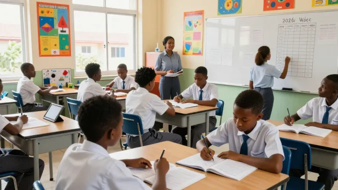 The 2026 waec timetable being written on a whiteboard in a vibrant classroom with students actively engaged in learning.