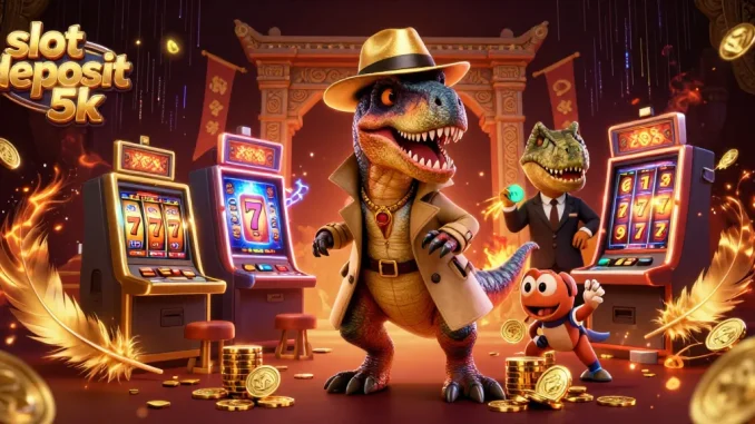 Experience excitement at the slot deposit 5k with cartoon dinosaurs amidst golden coins and vibrant effects.