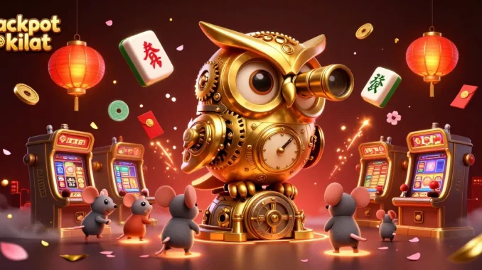 Experience jackpot kilat excitement with a dynamic 3D casino scene featuring a golden owl and bustling mouse patrons.