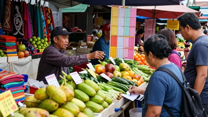 Suasana pasar lokal yang sibuk dengan vendor menjelaskan nomor rejeki.