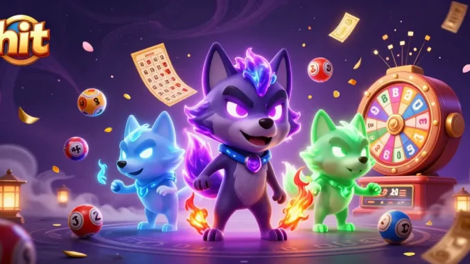 Hit colorful lottery balls and immersive casino elements surround a mystical wolf in this captivating illustration