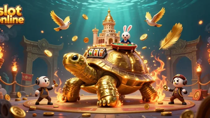 Spin the reels and win in this vibrant slot online illustration featuring a golden tortoise casino.