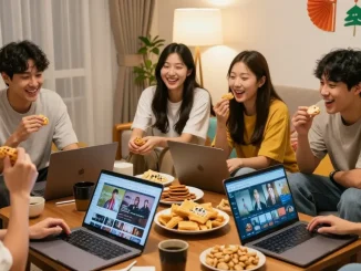 Friends discussing favorite Asian shows at https://hanadultalk.com with snacks and laptops in a cozy living room.