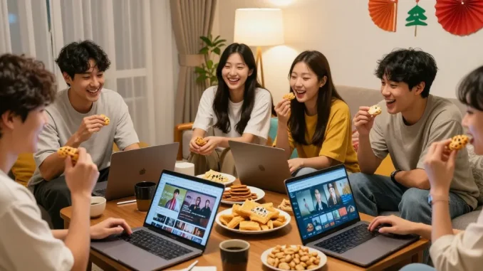 Friends discussing favorite Asian shows at https://hanadultalk.com with snacks and laptops in a cozy living room.