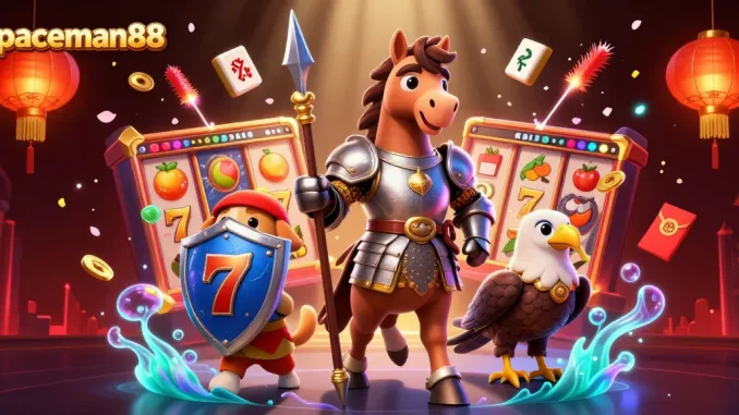 Play exciting casino games with spaceman88, featuring vibrant slot reels and animated characters.