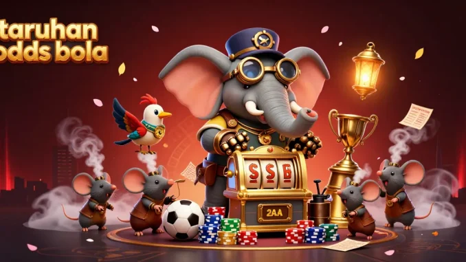 Experience taruhan odds bola with a steampunk elephant and dynamic betting elements in this vibrant illustration.
