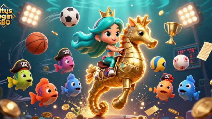 Bet on situs login SBO with a vibrant mermaid scene featuring a seahorse and colorful sports elements.