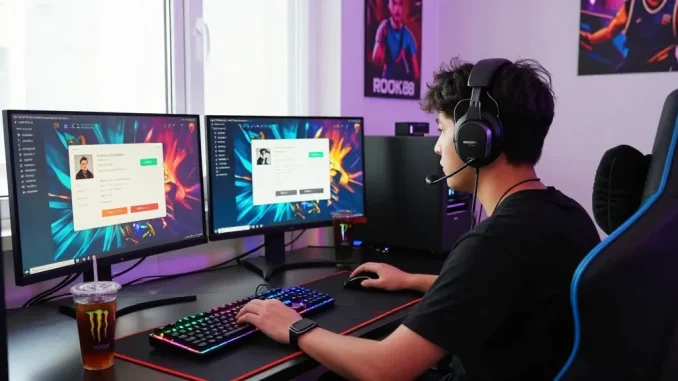 Exciting rokok88 login gaming scene with vibrant graphics and gaming setup details.