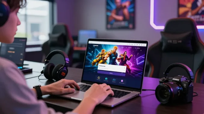 NAGA2000 DAFTAR login interface displayed on a laptop in a vibrant gaming lounge.