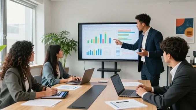In a collaborative workspace, professionals find out more during a strategic meeting with engaging visuals.
