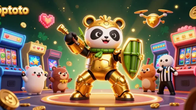 PPTOTO showcases a vibrant casino scene with a golden panda mech-suit battling amongst arcade games and slot machines.