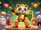 PPTOTO showcases a vibrant casino scene with a golden panda mech-suit battling amongst arcade games and slot machines.