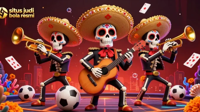 Experience thrilling action at situs judi bola resmi with vibrant skeleton mariachi band and sports betting elements.
