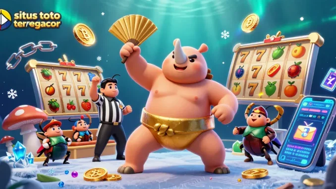 Engage with exciting gaming at situs toto slot tergacor, featuring a vibrant 3D scene of a beetle champion amidst flying coins and slots.