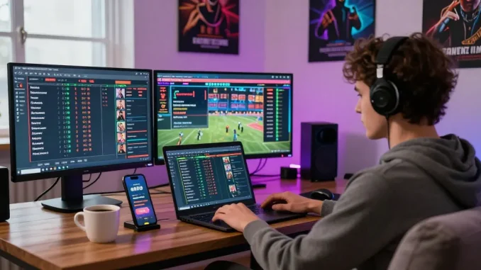 Engaged user participating in online gambling on newbet4d with multiple screens displaying live sports.