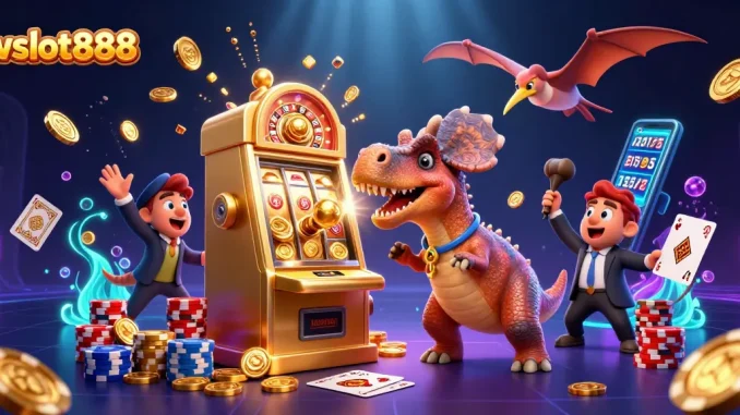 WSLOT888 judi slot online yang menampilkan dinosaurus dan mesin jackpot, menarik perhatian pecinta game.